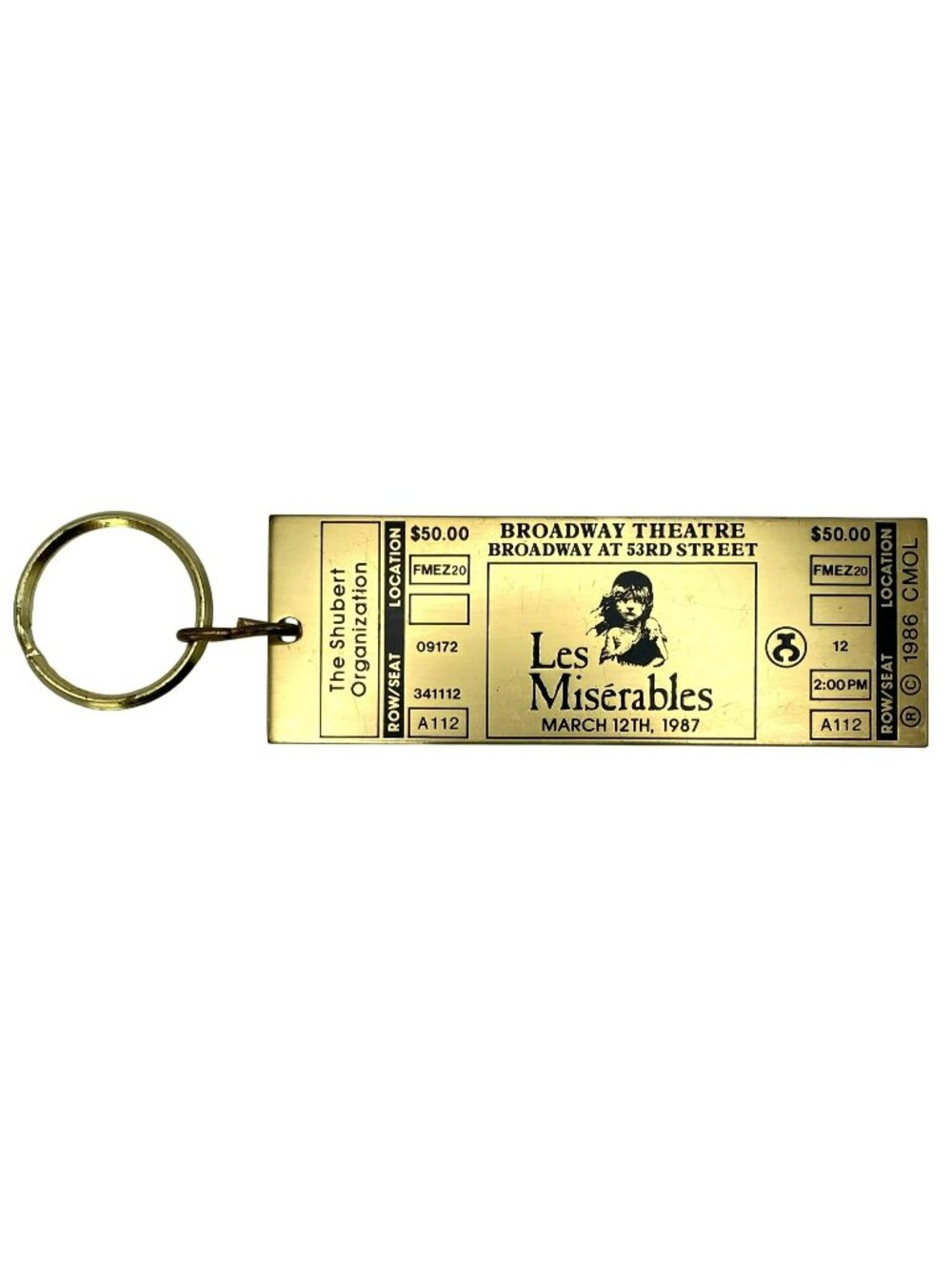 Vintage Les Miserables Les Mis 1986 Broadway Ticket Keychain Opening Night Brass
